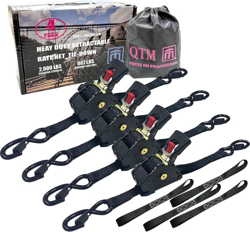 QTM 4 Pack Retractable Ratchet Straps, 1" x10' with Soft Loops, Heavy Duty, 2,000lbs Breaking Strength, with Storage Bag, Best for Cargo, Truck, Bicycle, Motorcycle (Black-4pack, 1" x10') - Image 1